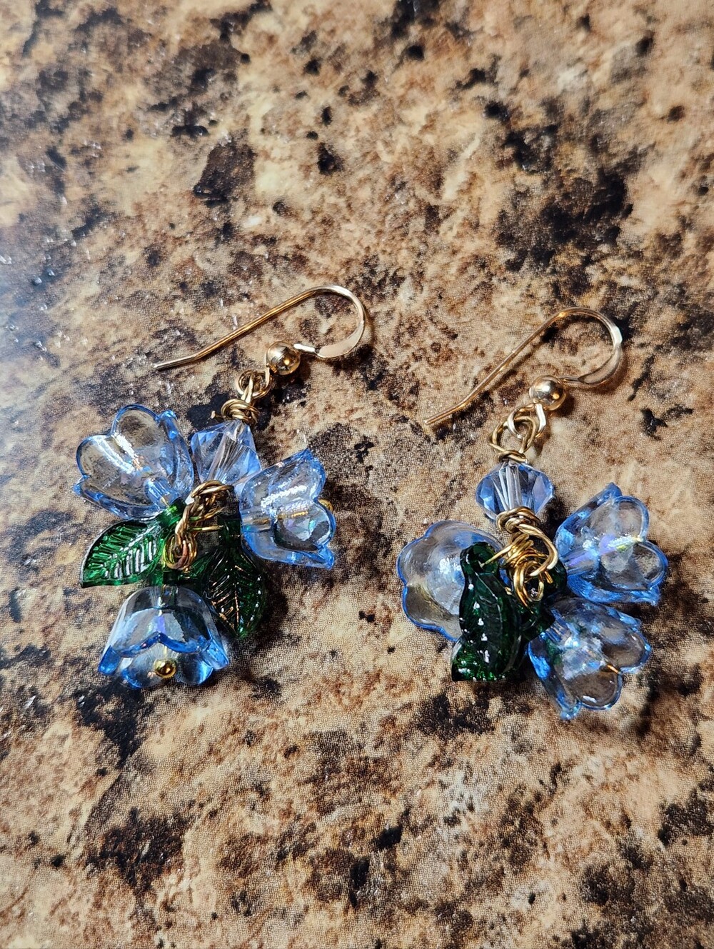 Handcrafted Blue Glass Flower Drop Earrings with Green Leaves - Picture 3 of 4